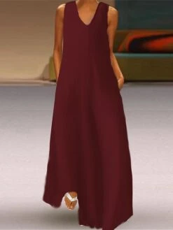 Women's Casual Dress Cotton Linen Dress Swing Dress Maxi Long Dress Cotton Blend Basic Modern Outdoor Daily Vacation V Neck Basic Sleeveless Summer Spring 2023 Regular Fit Black Wine Khaki Plain S M -HANA Luxury Wear Shop kvaqrx1686038679598