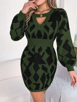 Women's Sweater Dress Jumper Dress Casual Dress Mini Dress Fashion Geometric Color Block Outdoor Daily Going Out Crew Neck Long Sleeve Cut Out 2023 Loose Fit Green Khaki Rose Red S M L -HANA Luxury Wear Shop kvtbfn1695813755078