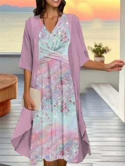 Women's Two Piece Dress Set Casual Dress Chiffon Dress Outdoor Daily Fashion Streetwear Knot Front Print Midi Dress V Neck 3/4 Length Sleeve Floral Plaid Regular Fit Silver Blue Purple Fall Winter S -HANA Luxury Wear Shop kxfpxl1693534943204