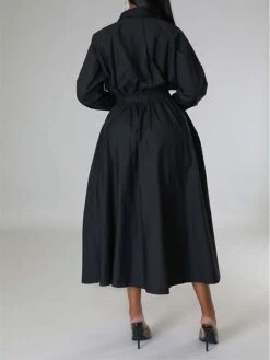 Women's Shirt Dress Casual Dress Swing Dress Maxi Long Dress Outdoor Daily Vacation Cotton And Linen Fashion Casual Shirt Collar Button Rolled Cuff Long Sleeve Spring Fall Winter 2023 Slim Black -HANA Luxury Wear Shop kxlrjd1695027665971