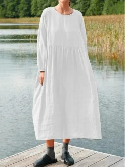 Women's Cotton Linen Dress Midi Dress Linen Cotton Blend Basic Daily Crew Neck Splice Basic Long Sleeve Spring Fall 2023 Loose Fit Light Pink ArmyGreen Black Plain S M L XL 2XL -HANA Luxury Wear Shop kxrrjt1695283948591