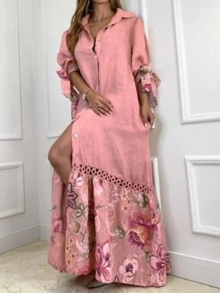Women's Shirt Dress Casual Dress Maxi Long Dress Outdoor Daily Vacation Polyester Fashion Romantic Shirt Collar Lace Button 3/4 Length Sleeve Fall Winter 2023 Loose Fit White Yellow Pink Flower S M L -HANA Luxury Wear Shop kylrul1696846027038