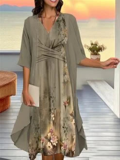 Women's Two Piece Dress Set Casual Dress Chiffon Dress Outdoor Daily Fashion Streetwear Knot Front Print Midi Dress V Neck 3/4 Length Sleeve Floral Regular Fit Pink Blue Purple Fall Winter S M L XL -HANA Luxury Wear Shop kzbwyr1693534943279