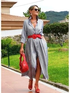 Women's Shirt Dress Casual Dress Maxi Long Dress Outdoor Winter Dress Daily Cotton Cotton And Linen Fashion Casual Shirt Collar Lace Up Pocket Long Sleeve Summer Spring Fall 2023 Regular Fit Pink -HANA Luxury Wear Shop kzcknv1695105906314