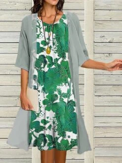 Women's Two Piece Dress Set Casual Dress Print Dress Outdoor Daily Fashion Elegant Print Midi Dress Crew Neck 3/4 Length Sleeve Floral Regular Fit Wine Navy Blue Blue Summer Spring S M L XL XXL