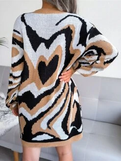 Women's Sweater Dress Jumper Dress Casual Dress Mini Dress Fashion Color Block Heart Outdoor Daily Vacation Going Out Crew Neck Long Sleeve 2023 Loose Fit Black Brown Khaki S M L -HANA Luxury Wear Shop kzqowk1694756605340