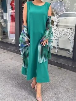 Women's Two Piece Dress Set Casual Dress Print Dress Outdoor Date Fashion Elegant Print Long Dress Maxi Dress Crew Neck 3/4 Length Sleeve Ombre Loose Fit Green Fall Winter S M L XL XXL -HANA Luxury Wear Shop kzvggm1694501517411