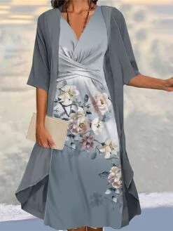 Women's Two Piece Dress Set Casual Dress Chiffon Dress Outdoor Daily Fashion Streetwear Knot Front Print Midi Dress V Neck 3/4 Length Sleeve Floral Regular Fit Black Pink Blue Fall Winter S M L XL XXL -HANA Luxury Wear Shop laolto1693972032935
