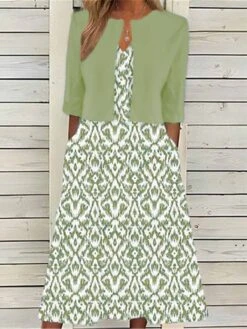 Women's Two Piece Dress Set Casual Dress Print Dress Outdoor Daily Fashion Elegant Pocket Print Midi Dress V Neck Half Sleeve Geometric Regular Fit Blue Green Summer Spring S M L XL XXL -HANA Luxury Wear Shop laqmly1680780641756