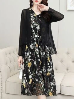 Women's Two Piece Dress Set Print Dress Outdoor Daily Modern Casual Lace Up Ruched Midi Dress V Neck Long Sleeve Floral Regular Fit Black Pink Blue Summer Spring M L XL XXL XXXL -HANA Luxury Wear Shop lbkdvs1678430834791