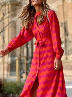 Women's Shirt Dress Casual Dress Midi Dress Outdoor Vacation Polyester Fashion Casual Shirt Collar Button Pocket Long Sleeve Summer Spring Fall 2023 Loose Fit Red Color Block S M L XL XXL -HANA Luxury Wear Shop lcnidl1689744405640