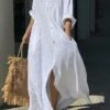 Women's Shirt Dress Casual Dress Cotton Linen Dress Maxi Long Dress Linen / Cotton Blend Basic Classic Outdoor Daily Vacation Shirt Collar Button Pocket 3/4 Length Sleeve Summer Spring Fall 2023 -HANA Luxury Wear Shop lcoyfj1692084271278