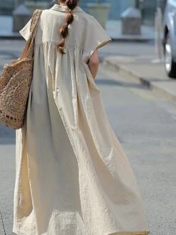 Women's Shirt Dress Casual Dress Swing Dress Maxi Long Dress Outdoor Daily Date Polyester Fashion Modern Shirt Collar Button Short Sleeve Fall 2023 Loose Fit ArmyGreen Blue Brown Plain S M L XL -HANA Luxury Wear Shop lcsboz1693451925843