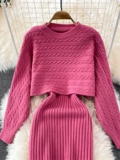 Women's Two Piece Dress Set Casual Dress Sheath Dress Outdoor Daily Fashion Streetwear Ruched Midi Dress Crew Neck Long Sleeve Plain Loose Fit Black White Wine Fall Winter One-Size -HANA Luxury Wear Shop ldegxb1694057142379