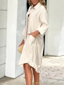 Women's Shirt Dress Casual Dress Shift Dress Midi Dress Outdoor Office Business Polyester Basic Modern Shirt Collar Button Pocket 3/4 Length Sleeve Summer Spring Fall 2023 Loose Fit White Plain S M L -HANA Luxury Wear Shop ldotky1683540646694