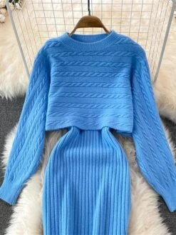 Women's Two Piece Dress Set Casual Dress Sheath Dress Outdoor Daily Fashion Streetwear Ruched Midi Dress Crew Neck Long Sleeve Plain Loose Fit Black White Wine Fall Winter One-Size -HANA Luxury Wear Shop lebxhq1694057145121