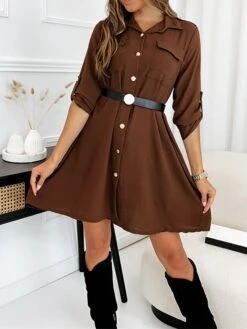 Women's Shirt Dress Casual Dress Mini Dress Outdoor Daily Vacation Cotton Fashion Modern Shirt Collar Button Pocket Long Sleeve Fall Winter 2023 Regular Fit Black Brown Green Pure Color XS S M L XL -HANA Luxury Wear Shop lefqkd1695813910851