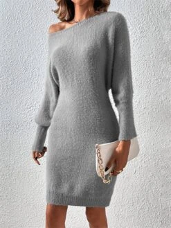 Women's Sweater Dress Winter Dress Jumper Dress Midi Dress Patchwork Street Daily Date Fashion Streetwear Crew Neck Long Sleeve 2023 Slim Black White Khaki Color S M L XL Size -HANA Luxury Wear Shop leicqh1692095367700