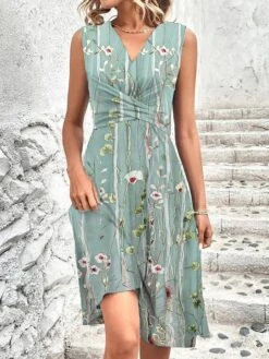 Women's Two Piece Dress Set Casual Dress Print Dress Outdoor Daily Fashion Streetwear Knot Front Print Midi Dress V Neck Half Sleeve Floral Regular Fit Green Summer Spring S M L XL XXL -HANA Luxury Wear Shop lesbgy1683281911165