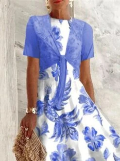 Women's Two Piece Dress Set Casual Dress Swing Dress Outdoor Daily Fashion Elegant Lace Up Print Long Dress Maxi Dress Crew Neck Short Sleeve Floral Regular Fit Blue Summer Spring S M L XL XXL -HANA Luxury Wear Shop lethiw1684150729106