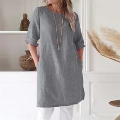 Women's Cotton Linen Dress A Line Dress Mini Dress Cotton Cotton Blend Casual Comfort Home Split Neck Pocket Rolled Cuff Half Sleeve Summer Spring Loose Fit Pink Light Blue Gray Pure Color S M L XL -HANA Luxury Wear Shop lftwjf1651741056694