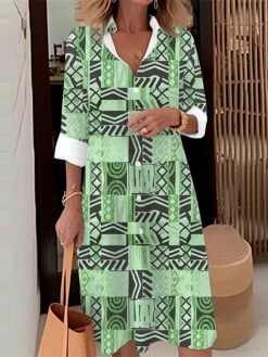 Women's Shirt Dress Casual Dress Midi Dress Outdoor Daily Date Polyester Fashion Modern Shirt Collar Button Pocket Long Sleeve Fall Winter 2023 Loose Fit Royal Blue Blue Green Geometric Plaid Tribal -HANA Luxury Wear Shop lgbepf1695103246210