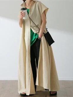 Women's Shirt Dress Casual Dress Swing Dress Maxi Long Dress Outdoor Daily Date Polyester Fashion Modern Shirt Collar Button Short Sleeve Fall 2023 Loose Fit ArmyGreen Blue Brown Plain S M L XL -HANA Luxury Wear Shop lgxvjg1693451925239