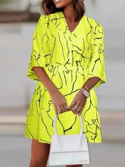 Women's Shirt Dress Casual Dress Mini Dress Outdoor Daily Polyester Fashion Modern V Neck Button Print Half Sleeve Summer Spring 2023 Loose Fit Black White Yellow Graffiti S M L XL 2XL -HANA Luxury Wear Shop lhbiww1690366407911