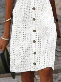 Women's Casual Dress Cotton Linen Dress Shift Dress Midi Dress Cotton Blend Modern Casual Outdoor Daily Vacation Split Neck Button Eyelet Short Sleeve Summer Spring 2023 Regular Fit White Plain S M L -HANA Luxury Wear Shop lhjiqv1686105103509
