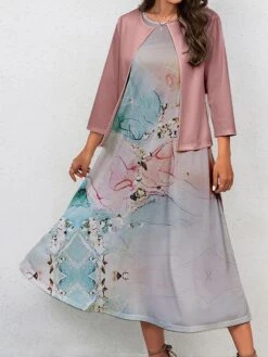 Women's Two Piece Dress Set Casual Dress Swing Dress Outdoor Office Fashion Streetwear Print Midi Dress Crew Neck 3/4 Length Sleeve Floral Ombre Regular Fit Pink Blue Purple Fall Winter S M L XL XXL -HANA Luxury Wear Shop lhnknt1697681153801