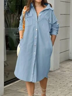 Women's Shirt Dress Casual Dress Shift Dress Midi Dress Outdoor Daily Vacation Polyester Fashion Modern Shirt Collar Button Pocket Long Sleeve Fall Winter 2023 Loose Fit Yellow Blue Khaki Pure Color -HANA Luxury Wear Shop lhwbss1697597645389