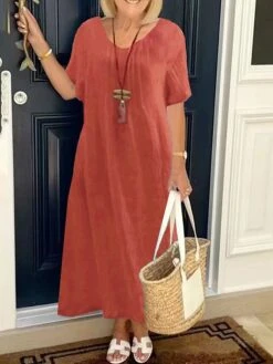 Women's Casual Dress Cotton Linen Dress A Line Dress Maxi Long Dress Cotton Blend Daily Classic Outdoor Daily Vacation V Neck Pocket Baggy Short Sleeve Summer Spring 2023 Loose Fit Red Blue Green -HANA Luxury Wear Shop lhxjti1690886057319