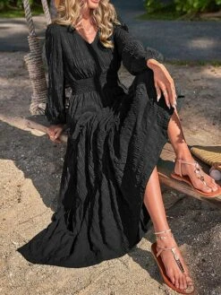 Women's Casual Dress Cotton Linen Dress Swing Dress Midi Dress Polyester Fashion Modern Outdoor Daily Vacation V Neck Ruched Ruffle Long Sleeve Summer Spring Fall 2023 Loose Fit Black Yellow Blue -HANA Luxury Wear Shop liiydk1691040686517