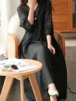 Women's Casual Dress Cotton Linen Dress Swing Dress Midi Dress Cotton Blend Basic Casual Outdoor Daily V Neck Ruched 3/4 Length Sleeve Summer Spring 2023 Loose Fit Black White Yellow Pure Color M L -HANA Luxury Wear Shop linifi1677135410401