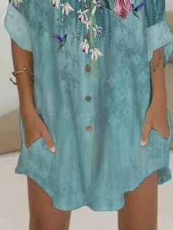 Women's Shirt Dress Casual Dress Shift Dress Mini Dress Outdoor Date Vacation Polyester Fashion Modern V Neck Button Pocket 3/4 Length Sleeve Summer Spring 2023 Regular Fit White Pink Blue Bird Flower -HANA Luxury Wear Shop liuzoy1676443472408