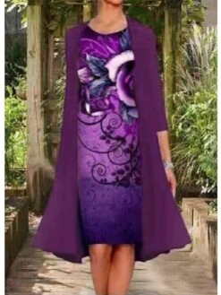 Women's Two Piece Dress Casual Dress Dress Set Shift Dress Knee Length Dress Navy Blue Blue Lavender Long Sleeve Layered Fall Autumn Crew Neck Elegant Fall Dress 2023 M L XL XXL XXXL 4XL 5XL -HANA Luxury Wear Shop ljemkg1642155764954