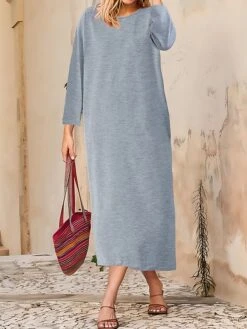 Women's Casual Dress Cotton Linen Dress T Shirt Dress Tee Dress Midi Dress Polyester Basic Classic Outdoor Daily Vacation Crew Neck Pocket 3/4 Length Sleeve Fall Autumn 2023 Loose Fit ArmyGreen Black -HANA Luxury Wear Shop lkigwp1693447411891