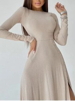 Women's Sweater Dress Winter Dress Jumper Dress Midi Dress Button Split Daily Date Going Out Fashion Basic Crew Neck Long Sleeve 2023 Regular Fit Black Blue Camel Color S M L XL Size -HANA Luxury Wear Shop lkvfqr1692357247536