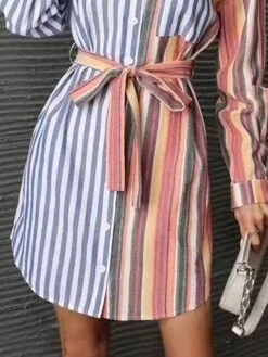 Women's Shirt Dress Casual Dress Mini Dress Outdoor Daily Polyester Fashion Modern Shirt Collar Lace Up Button Long Sleeve Summer Spring Fall 2023 Loose Fit Blue Striped S M L XL 2XL -HANA Luxury Wear Shop llehoz1689744489829
