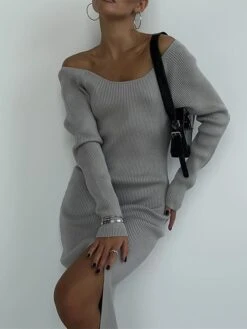 Women's Sweater Dress Winter Dress Jumper Dress Midi Dress Split Outdoor Daily Vacation Fashion Streetwear V Neck Long Sleeve 2023 Regular Fit Black White Green Color S M L Size -HANA Luxury Wear Shop lmdgop1692614183933