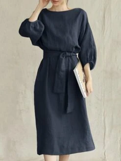 Women's Cotton Linen Dress Shift Dress A Line Dress Maxi Long Dress Cotton Blend Fashion Modern Outdoor Daily Vacation Round Neck With Belt Tie Belt 3/4 Length Sleeve Summer Spring 2023 Regular Fit -HANA Luxury Wear Shop lmjqls1660299365018