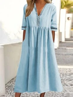 Women‘s Casual Dress Cotton Linen Dress Caftan Dress Swing Dress Midi Dress Cotton Blend Basic Classic Outdoor Daily Vacation V Neck Ruched Hollow Out Half Sleeve Summer Spring Fall 2023 -HANA Luxury Wear Shop lmzvoa1681213050602