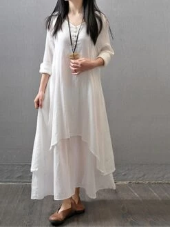 Women's Casual Dress Cotton Dress Swing Dress Maxi Long Dress Cotton Stylish Casual Winter Dress Daily Holiday V Neck Button Layered Long Sleeve Summer Spring Fall 2022 Loose Fit Black White Yellow -HANA Luxury Wear Shop lnecol1657786369463