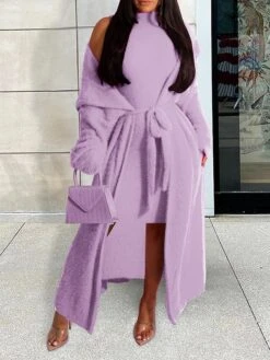 Women's Two Piece Dress Set Casual Dress Sheath Dress Daily Going Out Fashion Streetwear Lace Up Midi Dress Stand Collar Long Sleeve Plain Slim Black Yellow Wine Fall Winter S M L XL XXL -HANA Luxury Wear Shop lnycol1693295534996