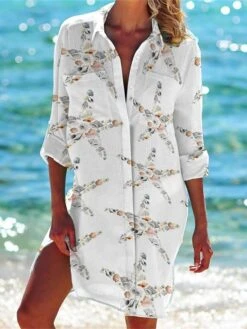 Women's Shirt Dress Casual Dress Shift Dress Mini Dress Outdoor Daily Date Polyester Fashion Classic Shirt Collar Pocket Print Half Sleeve Summer Spring 2023 Loose Fit White Red Navy Blue Fish S M L -HANA Luxury Wear Shop lpcwau1677739843815