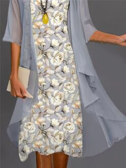 Women's Two Piece Dress Set Casual Dress Chiffon Dress Outdoor Daily Fashion Streetwear Print Midi Dress Crew Neck Half Sleeve Floral Regular Fit Gray Fall Winter S M L XL XXL -HANA Luxury Wear Shop lpnobu1695194201573