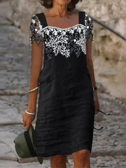 Women's Casual Dress Cotton Linen Dress Shift Dress Midi Dress Cotton Blend Fashion Modern Outdoor Daily Vacation Square Neck Lace Short Sleeve Summer Spring 2023 Regular Fit Black White Gray Leaf S -HANA Luxury Wear Shop lpvarg1682056853770