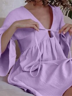 Women's Casual Dress Cotton Linen Dress Mini Dress Cotton Daily Basic Outdoor Home Daily V Neck Ruched Button 3/4 Length Sleeve Fall Autumn 2023 Loose Fit Navy Blue Blue Purple Plain S M L -HANA Luxury Wear Shop lqeyce1692936380091