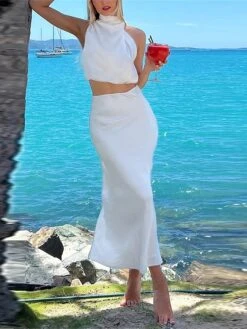 Women's Two Piece Dress Set Casual Dress Skirt Set Daily Holiday Fashion Sexy Ruched Long Dress Maxi Dress Stand Collar Sleeveless Plain Regular Fit Black White Light Green Summer Spring S M L XL -HANA Luxury Wear Shop lqgxfn1690857195990