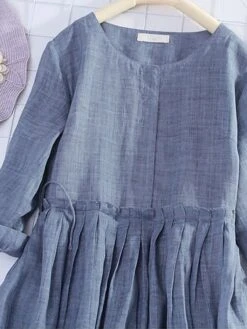 Women's Casual Dress Cotton Linen Dress Midi Dress Linen / Cotton Blend Basic Classic Outdoor Daily Vacation Crew Neck Ruched 3/4 Length Sleeve Fall Autumn 2023 Loose Fit Yellow Blue Plain M L XL 2XL -HANA Luxury Wear Shop lqvded1693226285284